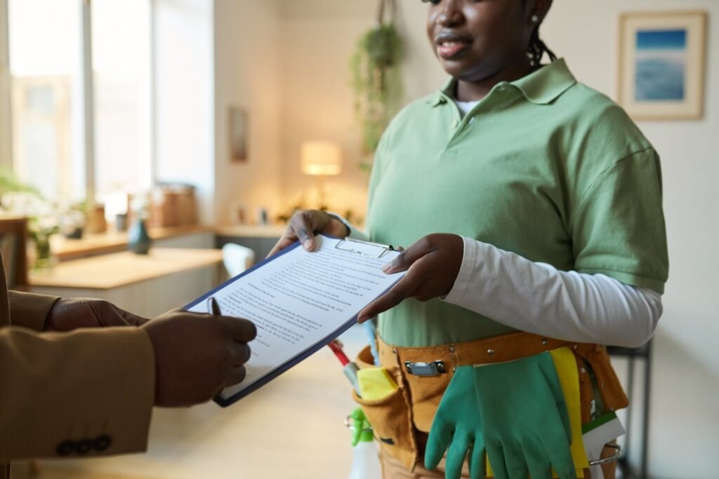 Property manager reviewing a service document with a maintenance professional during a rental inspection, illustrating a rental property maintenance checklist for landlords and property managers.